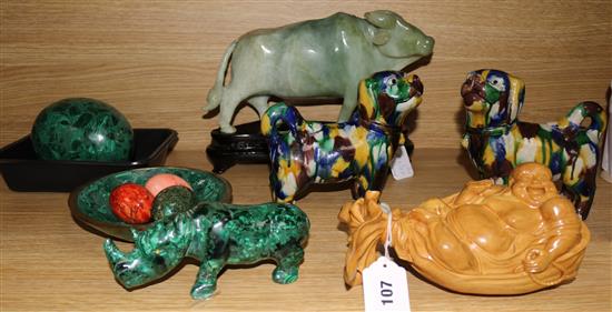 A group of Chinese and other hardstone carvings, a pair of dogs and a wood carving of Budai